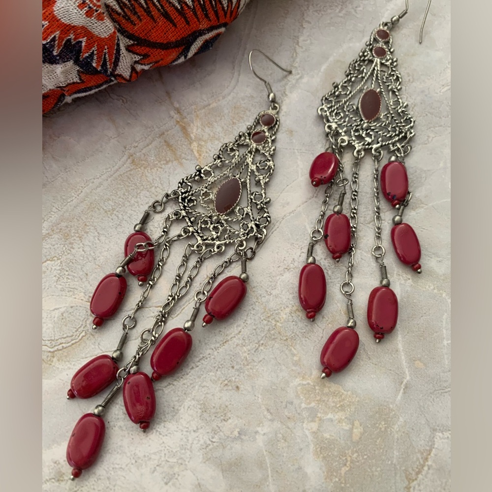 Silver and Red Chandelier Ethnic Earrings